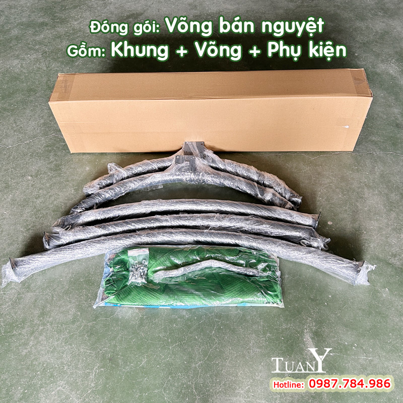 Đóng gói Võng bán nguyệt, gồm khung + Võng + Phụ kiện